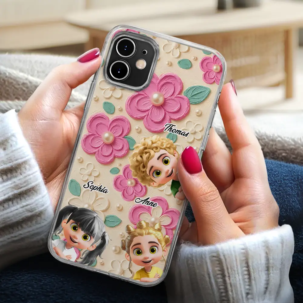 Grandma's Mom's Kids 3D Effect Flower Pattern - Personalized Clear Phone Case