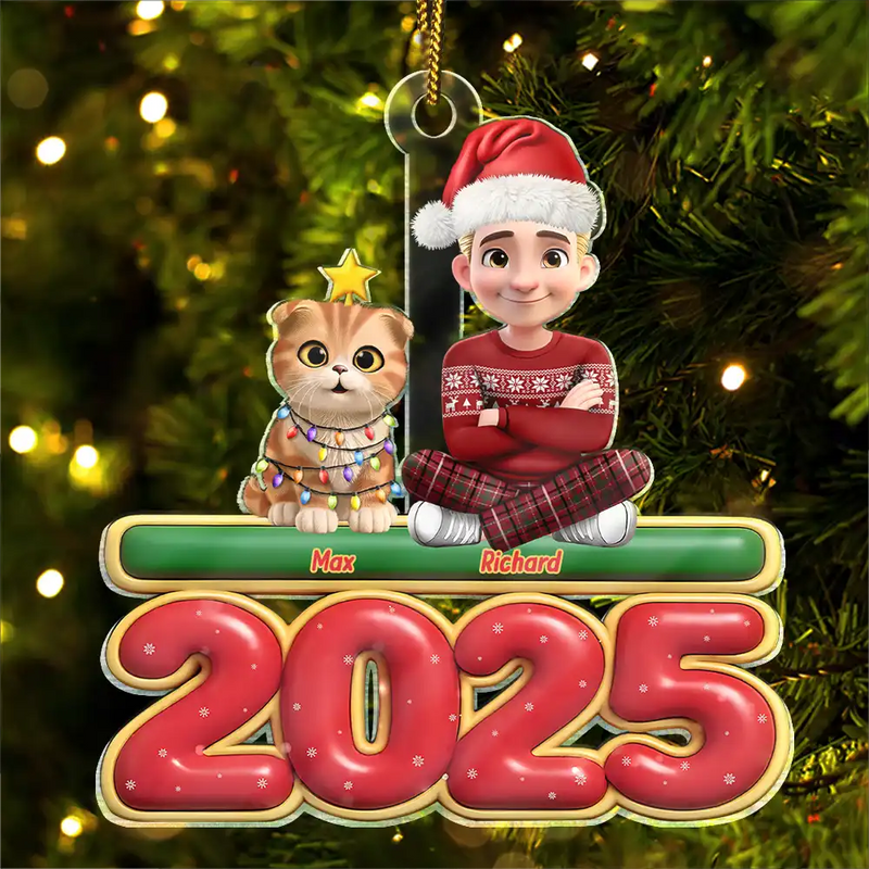 3D Effect Woman Man Sitting With Cats - Personalized Custom Shaped Acrylic Ornament