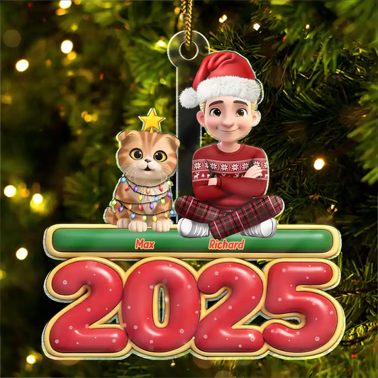 3D Effect Woman Man Sitting With Cats - Personalized Custom Shaped Acrylic Ornament