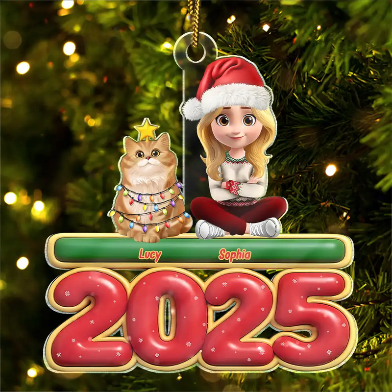 3D Effect Woman Man Sitting With Cats - Personalized Custom Shaped Acrylic Ornament