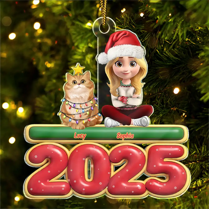 3D Effect Woman Man Sitting With Cats - Personalized Custom Shaped Acrylic Ornament