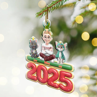 3D Effect Woman Man Sitting With Cats - Personalized Custom Shaped Acrylic Ornament