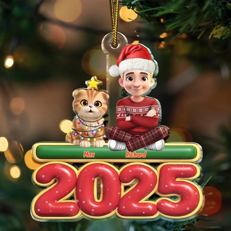 3D Effect Woman Man Sitting With Cats - Personalized Custom Shaped Acrylic Ornament