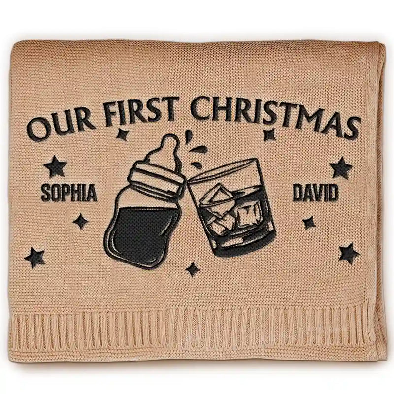 Our First Christmas Together Newborn Baby With Daddy - Personalized Embroidered Knitted Baby Blanket