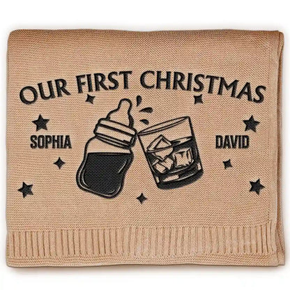 Our First Christmas Together Newborn Baby With Daddy - Personalized Embroidered Knitted Baby Blanket