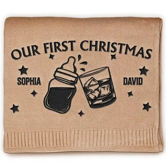 Our First Christmas Together Newborn Baby With Daddy - Personalized Embroidered Knitted Baby Blanket