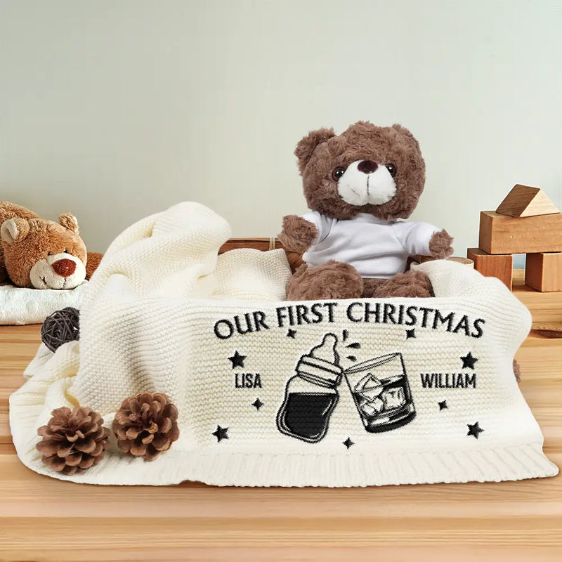 Our First Christmas Together Newborn Baby With Daddy - Personalized Embroidered Knitted Baby Blanket