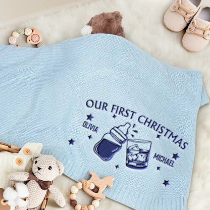 Our First Christmas Together Newborn Baby With Daddy - Personalized Embroidered Knitted Baby Blanket