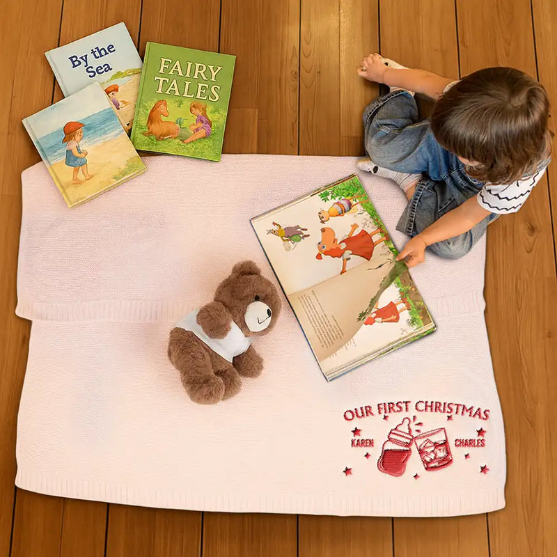 Our First Christmas Together Newborn Baby With Daddy - Personalized Embroidered Knitted Baby Blanket