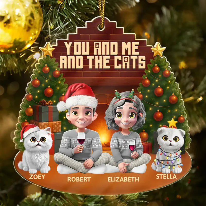 3D Effect Sitting Couple You And Me And The Cat - Personalized Custom Shaped Acrylic Ornament