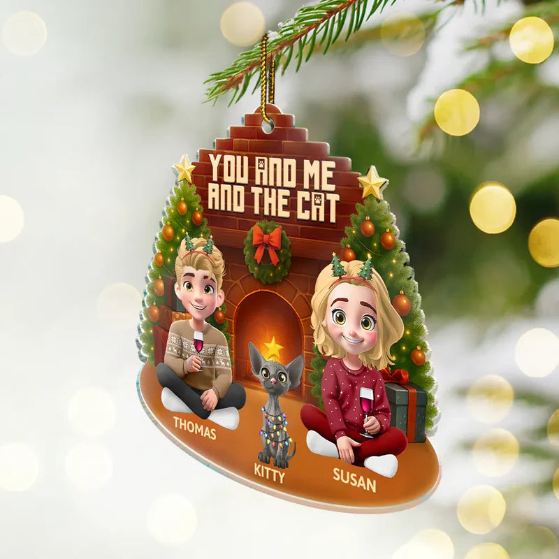 3D Effect Sitting Couple You And Me And The Cat - Personalized Custom Shaped Acrylic Ornament