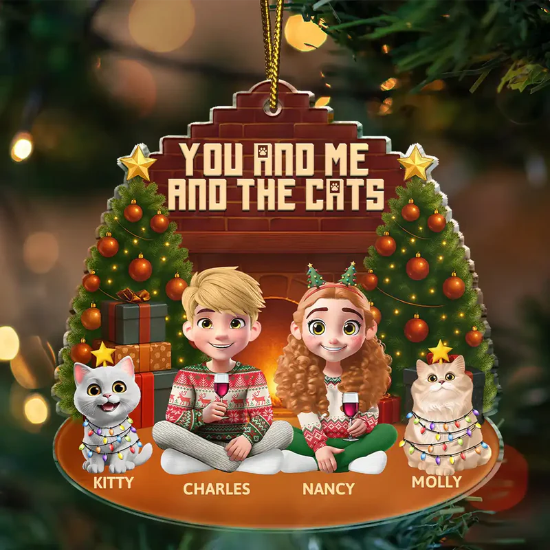 3D Effect Sitting Couple You And Me And The Cat - Personalized Custom Shaped Acrylic Ornament
