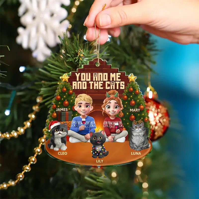 3D Effect Sitting Couple You And Me And The Cat - Personalized Custom Shaped Acrylic Ornament