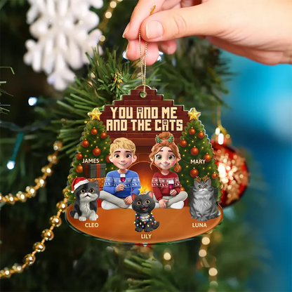 3D Effect Sitting Couple You And Me And The Cat - Personalized Custom Shaped Acrylic Ornament