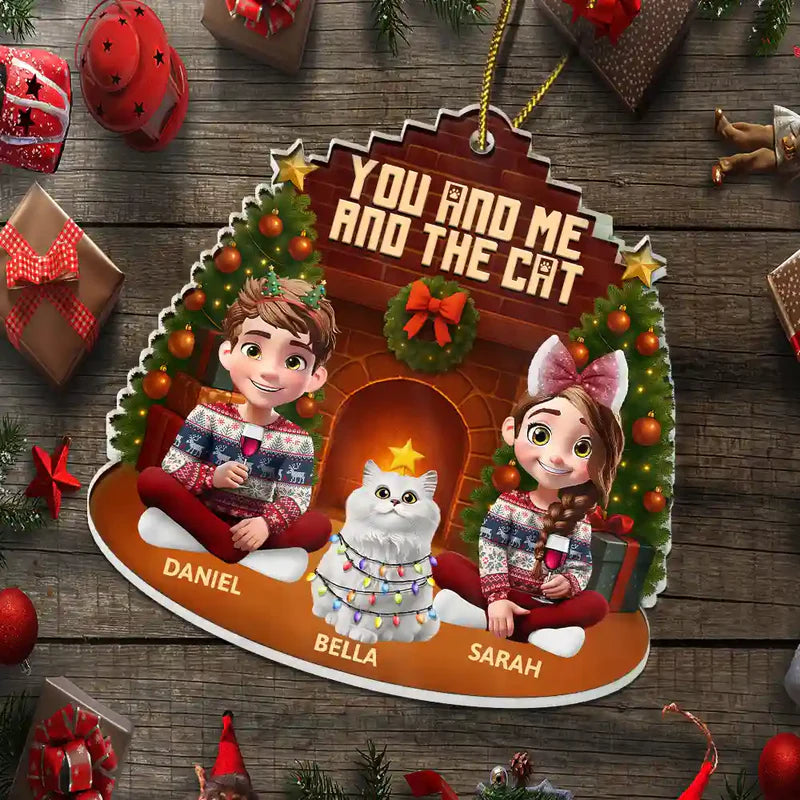 3D Effect Sitting Couple You And Me And The Cat - Personalized Custom Shaped Acrylic Ornament
