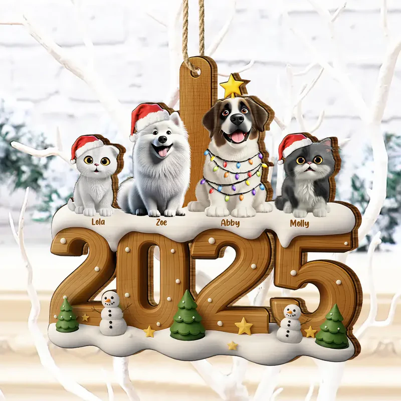 Christmas Cute 3D Effect Dog Cat - Personalized Custom Shaped Wooden Ornament