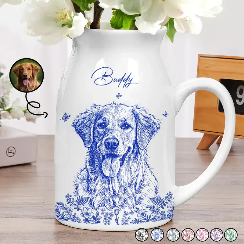 Custom Photo Pencil Sketch Art Loving Couple Family Pet - Personalized Ceramic Flower Vase