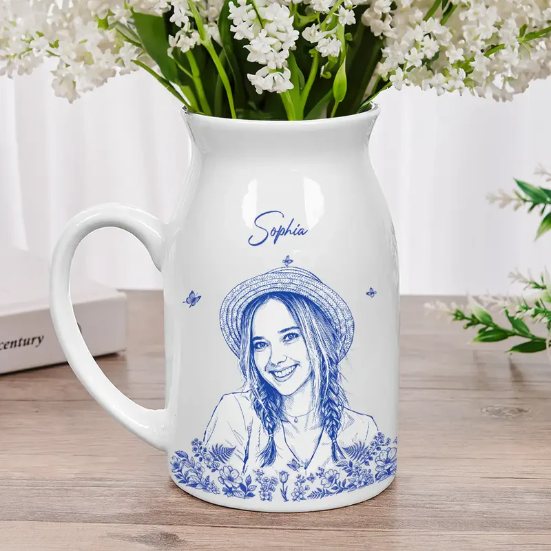 Custom Photo Pencil Sketch Art Loving Couple Family Pet - Personalized Ceramic Flower Vase