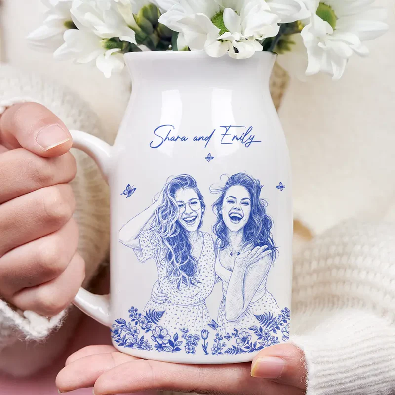 Custom Photo Pencil Sketch Art Loving Couple Family Pet - Personalized Ceramic Flower Vase