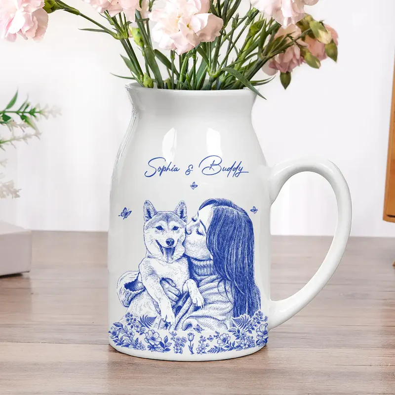 Custom Photo Pencil Sketch Art Loving Couple Family Pet - Personalized Ceramic Flower Vase
