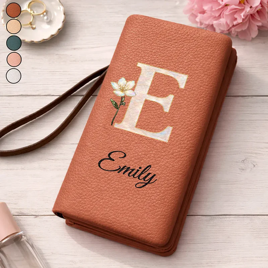 Faux Pearl Effect Birth Month Flower And Name - Personalized Tri-Fold PU Leather Wristlet Wallet