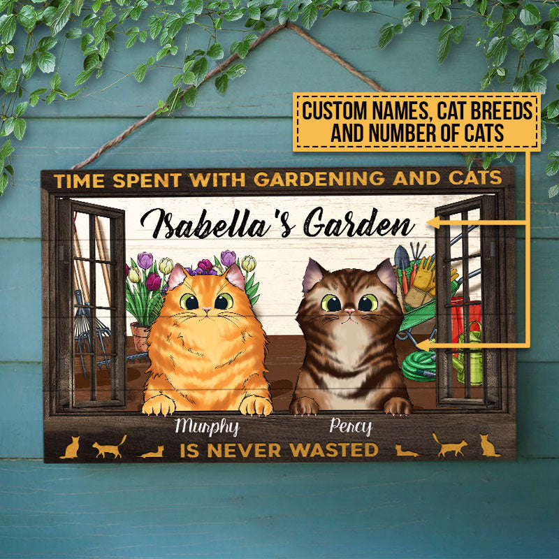 Time Spent With Gardening And Cats Is Never Wasted, Cat Lover Gift, Garden Sign, Home Decor, Custom Wood Rectangle Sign