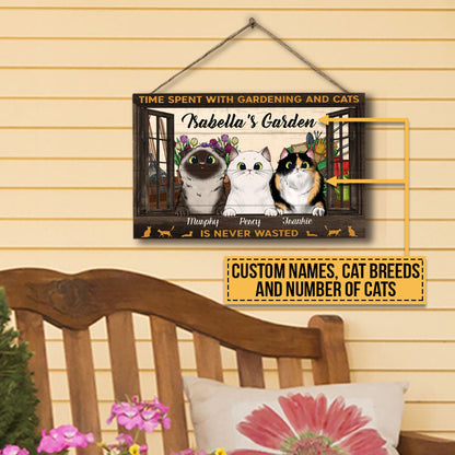 Time Spent With Gardening And Cats Is Never Wasted, Cat Lover Gift, Garden Sign, Home Decor, Custom Wood Rectangle Sign