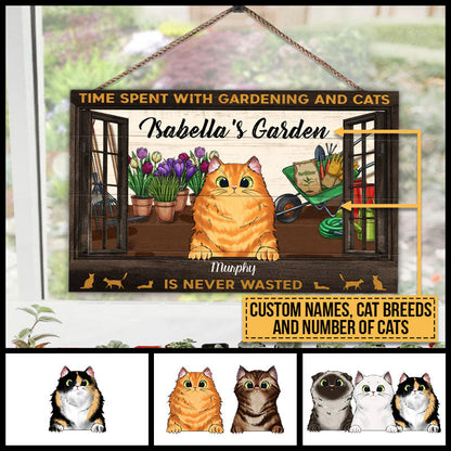 Time Spent With Gardening And Cats Is Never Wasted, Cat Lover Gift, Garden Sign, Home Decor, Custom Wood Rectangle Sign
