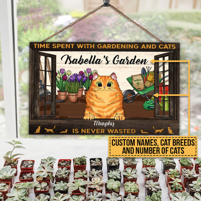 Time Spent With Gardening And Cats Is Never Wasted, Cat Lover Gift, Garden Sign, Home Decor, Custom Wood Rectangle Sign