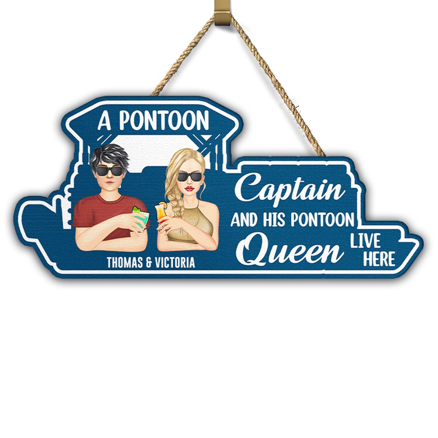 Pontoon Couple Pontoon Captain & Pontoon Queen - Gift For Couples, Lake House Decor - Personalized Custom Shaped Wood Sign