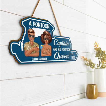 Pontoon Couple Pontoon Captain & Pontoon Queen - Gift For Couples, Lake House Decor - Personalized Custom Shaped Wood Sign