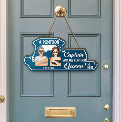 Pontoon Couple Pontoon Captain & Pontoon Queen - Gift For Couples, Lake House Decor - Personalized Custom Shaped Wood Sign