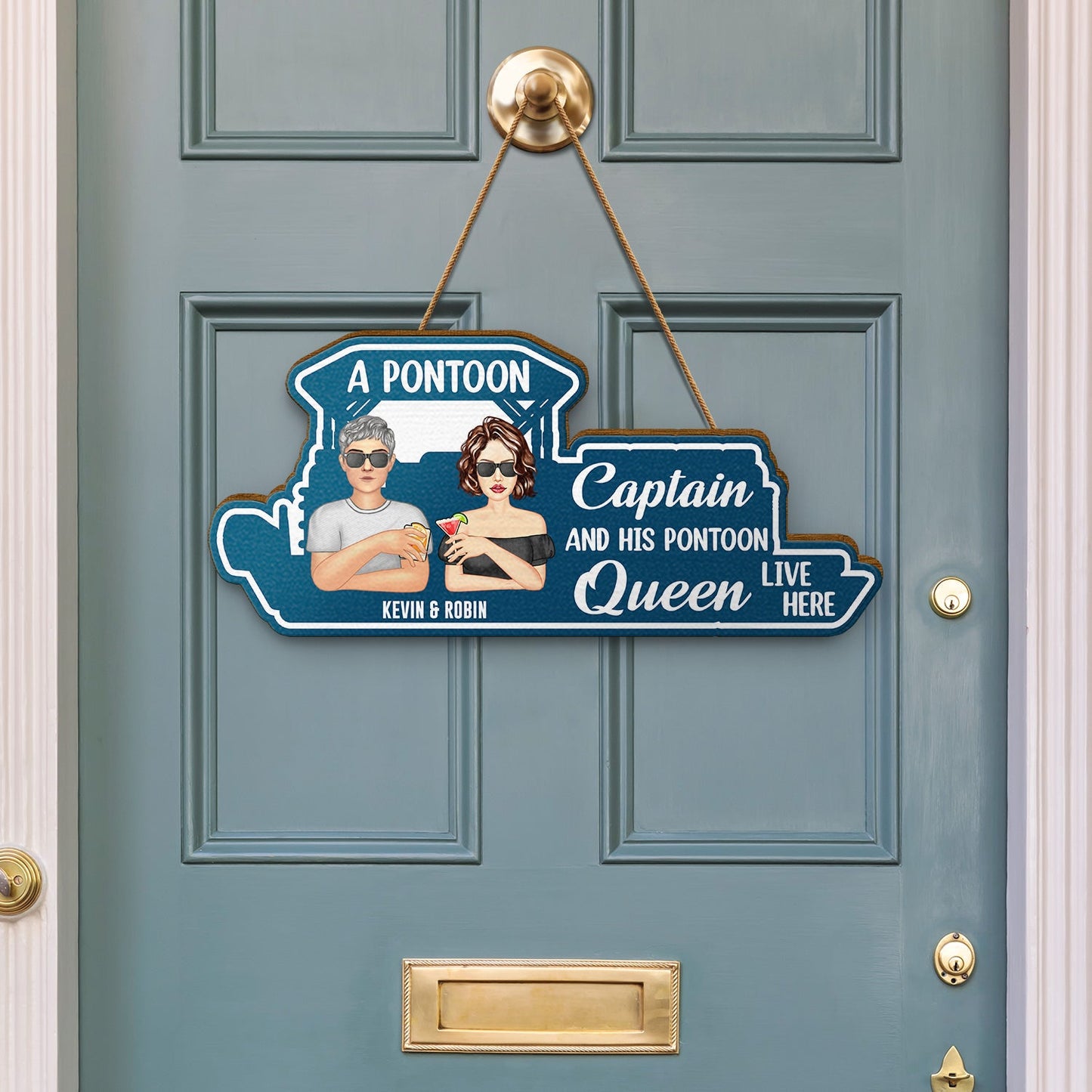Pontoon Couple Pontoon Captain & Pontoon Queen - Gift For Couples, Lake House Decor - Personalized Custom Shaped Wood Sign