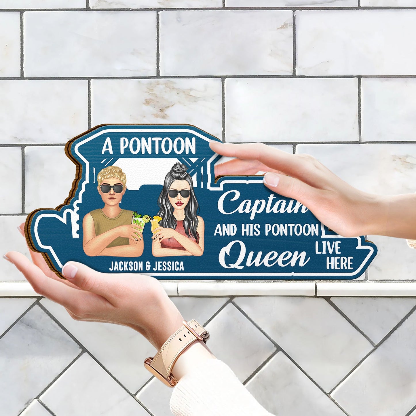 Pontoon Couple Pontoon Captain & Pontoon Queen - Gift For Couples, Lake House Decor - Personalized Custom Shaped Wood Sign