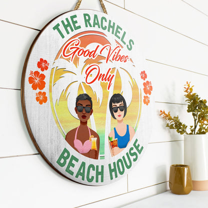 Couple Good Vibes Only - Home Decor For Patio, Pool, Hot Tub, Deck, Bar - Personalized Wood Circle Sign
