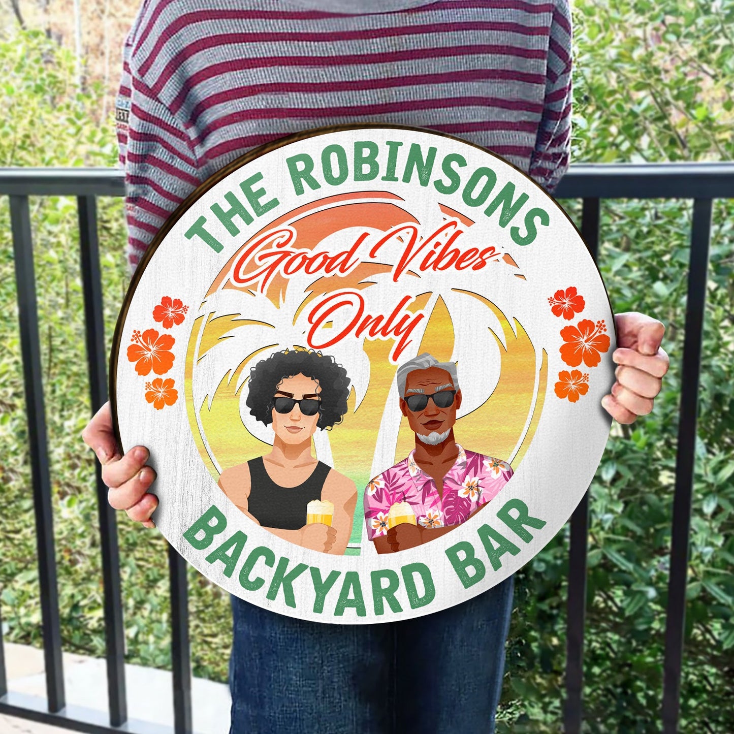 Couple Good Vibes Only - Home Decor For Patio, Pool, Hot Tub, Deck, Bar - Personalized Wood Circle Sign