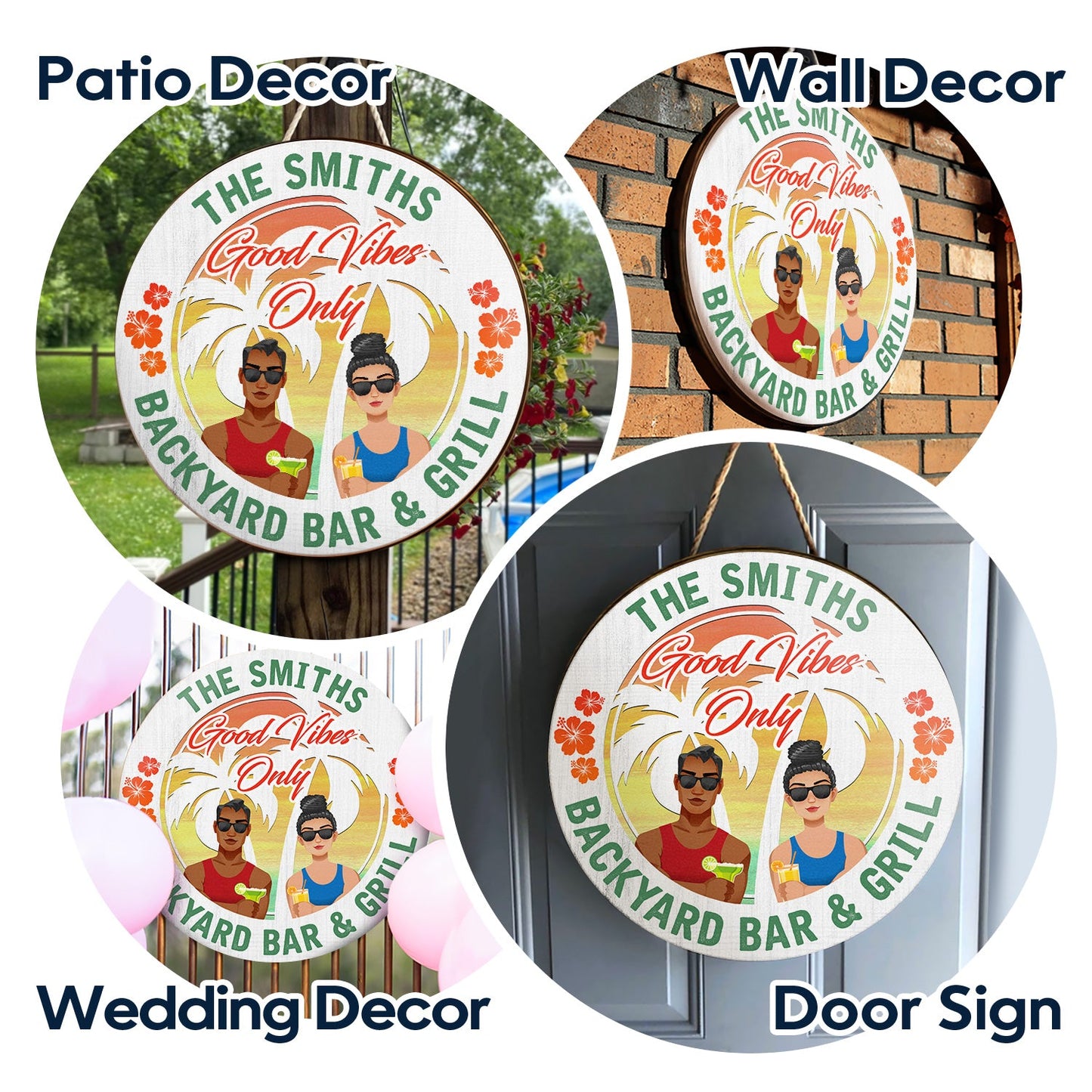 Couple Good Vibes Only - Home Decor For Patio, Pool, Hot Tub, Deck, Bar - Personalized Wood Circle Sign