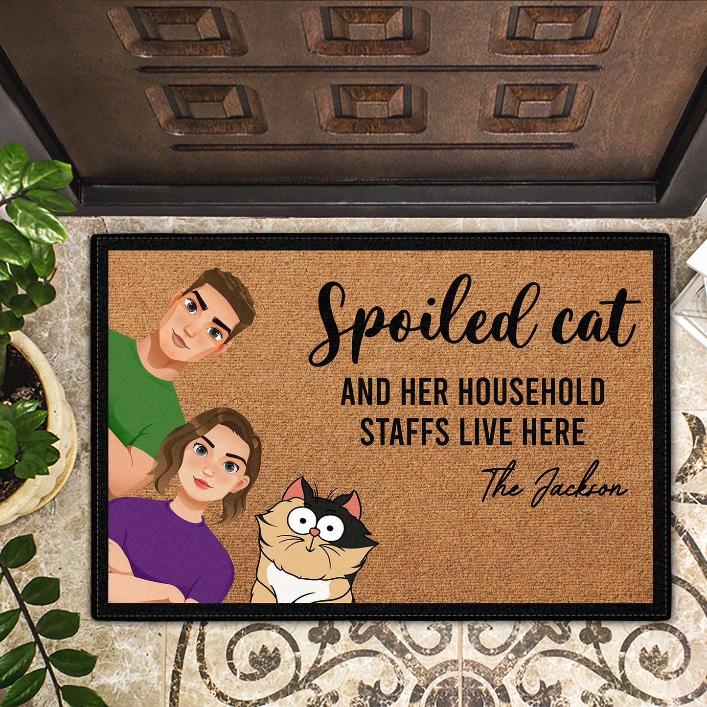 Spoiled Cats & Their Household Staffs Live Here - Gift For Cat Lovers, Housewarming Gift - Personalized Doormat