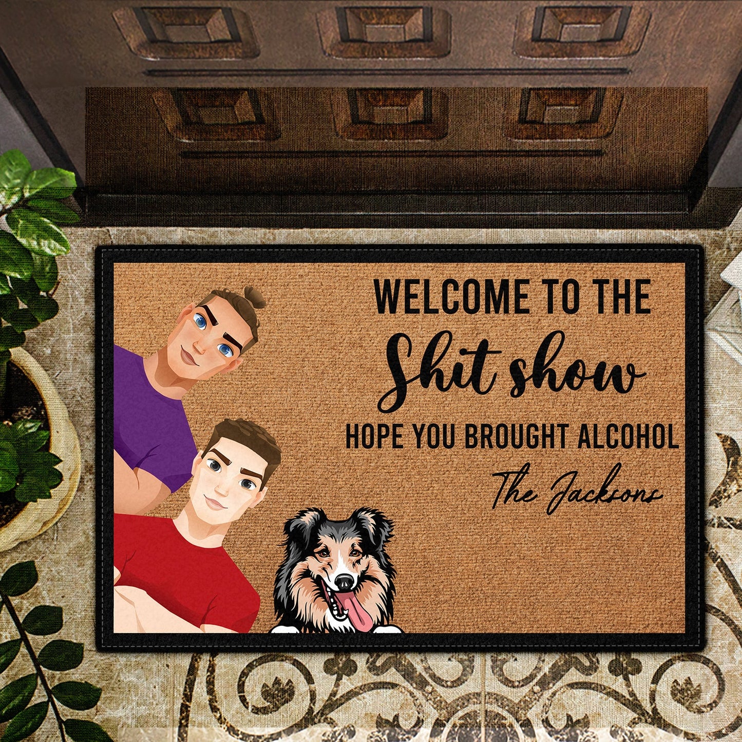 Flat Art Welcome To Show Hope You Brought Alcohol - Gift For Dog Lovers, Housewarming Gift - Personalized Doormat