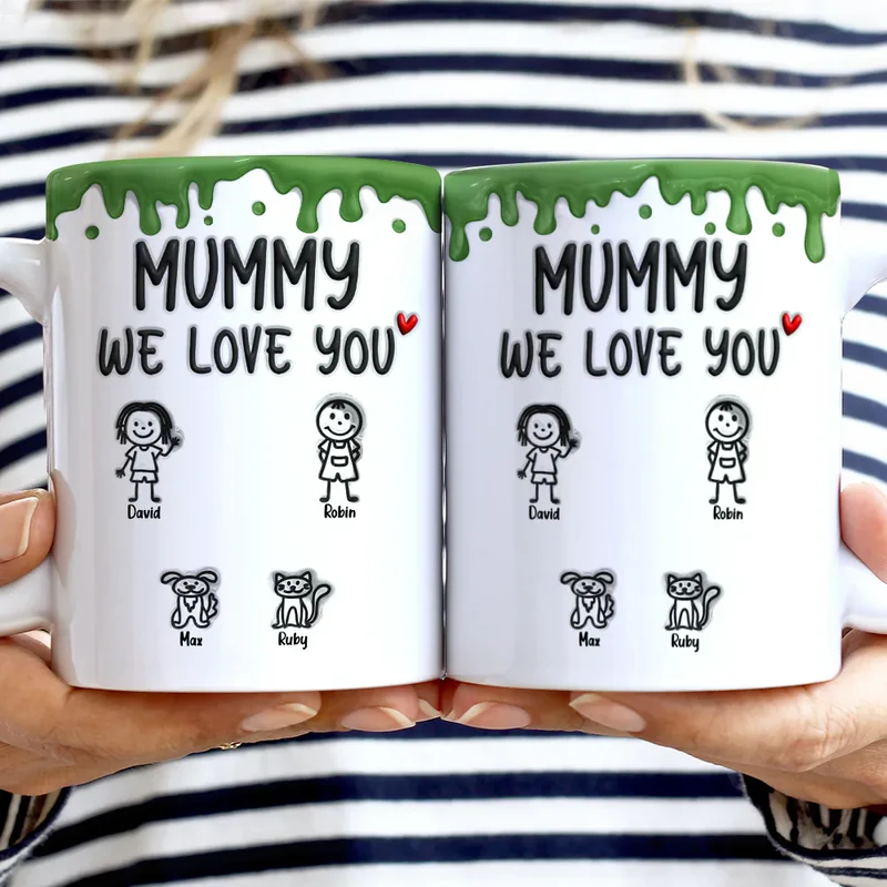 Mom We Love You 3D Inflated Effect Stick Figure - Personalized White Edge-to-Edge Mug