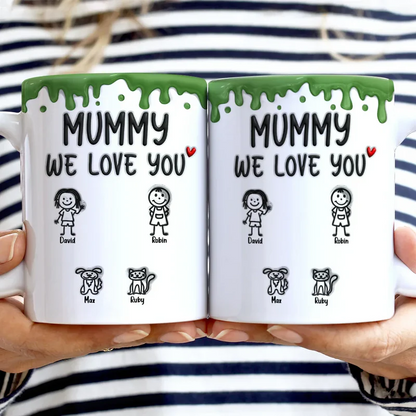 Mom We Love You 3D Inflated Effect Stick Figure - Personalized White Edge-to-Edge Mug