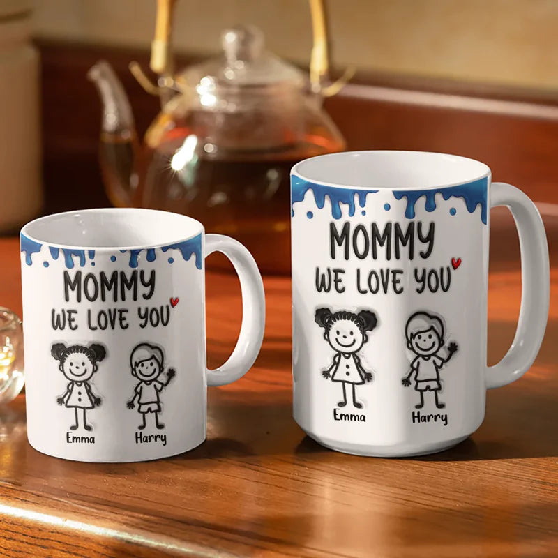 Mom We Love You 3D Inflated Effect Stick Figure - Personalized White Edge-to-Edge Mug