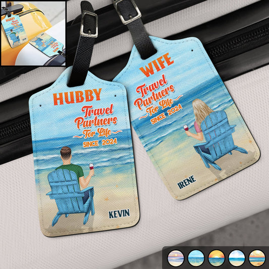 Beach Couple Hubby & Wifey Travel Partners For Life - Gift For Couples, Traveling Gift - Personalized Combo 2 Luggage Tags