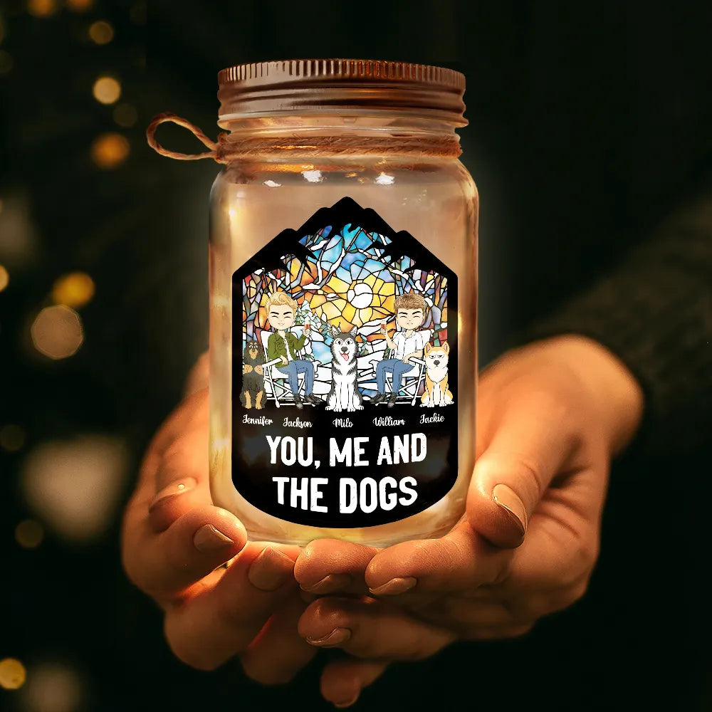 Camping You, Me And The Dogs - Personalized Mason Jar Light