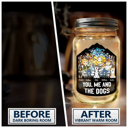 Camping You, Me And The Dogs - Personalized Mason Jar Light