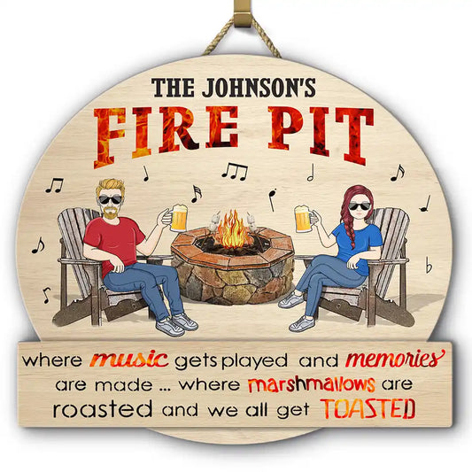 Couple Camping Fire Pit Where Music Get Played - Personalized Custom Shaped Wood Sign