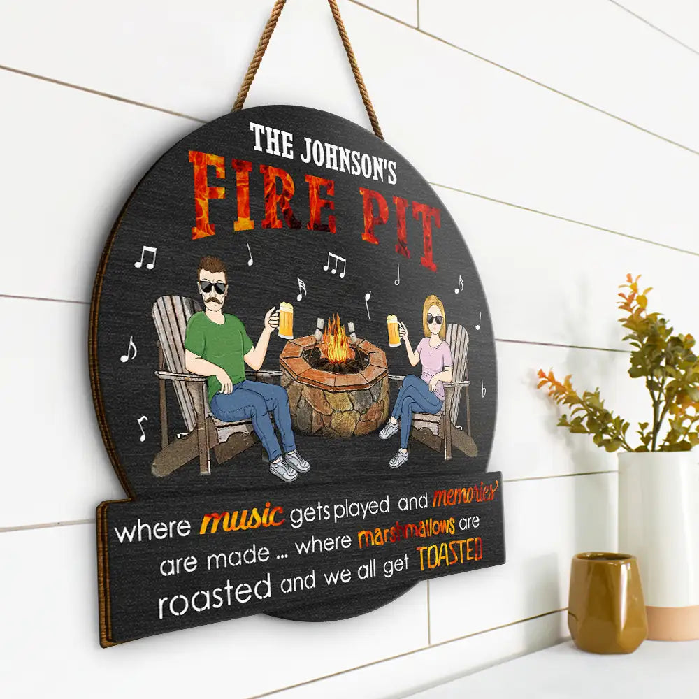 Couple Camping Fire Pit Where Music Get Played - Personalized Custom Shaped Wood Sign