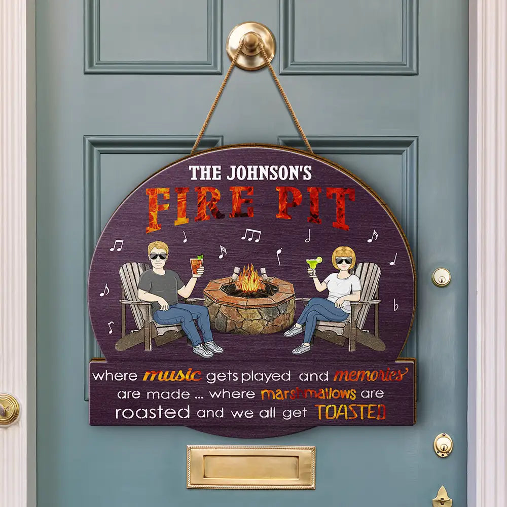 Couple Camping Fire Pit Where Music Get Played - Personalized Custom Shaped Wood Sign