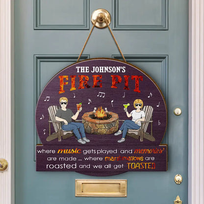 Couple Camping Fire Pit Where Music Get Played - Personalized Custom Shaped Wood Sign