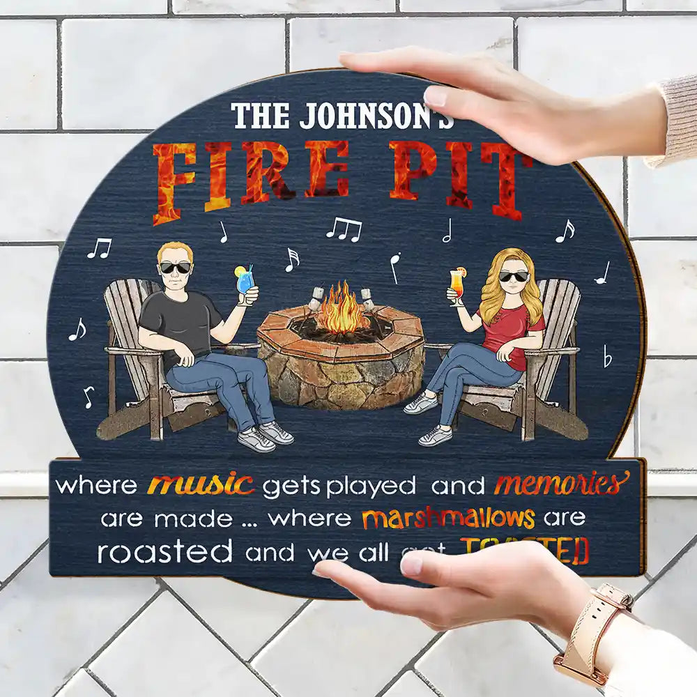 Couple Camping Fire Pit Where Music Get Played - Personalized Custom Shaped Wood Sign
